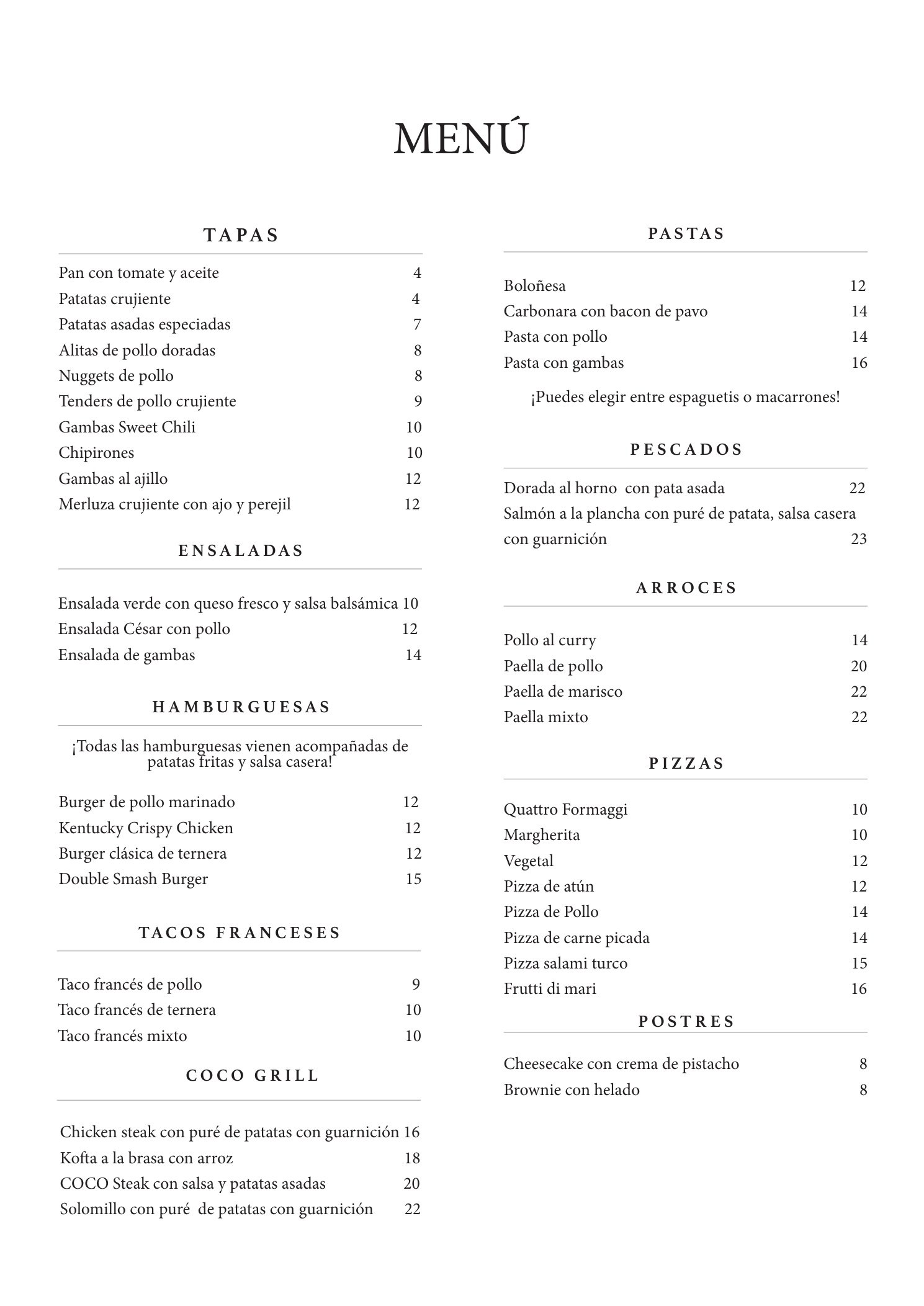 COCO Menu Page 1